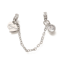 Платина Латунные цепочки безопасности европейского образца с прозрачными кубическими циркониями и подвесками в виде сердечек., без кадмия, без никеля и без свинца, для изготовления европейских браслетов, платина, 75 мм, отверстие : 3 мм
