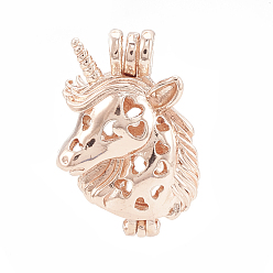 Or Rose Pendentifs de cage de perle d'alliage, creux, licorne, or rose, 27.5x19x11mm, trou: 4.5x3 mm, mesure intérieure: 16.5x9 mm