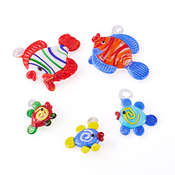 Mixed Color 5Pcs 5 Colors Handmade Lampwork Pendants, Tropical Fish, Mixed Color, 34~45x33~50x9.5~16mm, Hole: 2~3mm