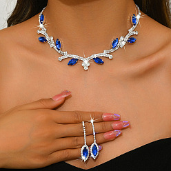 Сапфир Комплект из висячих серег-гвоздиков и ожерелий с подвесками в виде листьев из латуни и страз для женщин, сапфир, 327 мм
