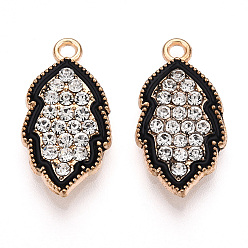 Light Gold Alloy Enamel Pendants, with Crystal Rhinestone, Leaf Charm, Light Gold, 24x11.5x2.5mm, Hole: 2mm