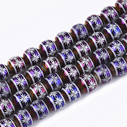 Purple Electroplate Glass Beads Strands, Round with Flower Pattern, Purple, 8x7.5mm, Hole: 1.2mm, about 40pcs/strand, 11.8 inch