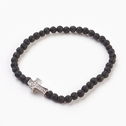 Лавовый камень Натуральные бусины из вулканического камня стрейч браслеты, с латунными бусинами из микро-паве кубического циркония, 2-1/8 дюйм (5.5 см)