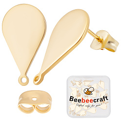 Настоящее золото 24K 30 шт 201 детали серьги-гвоздики из нержавеющей стали, с горизонтальными петлями и 304 штифтами из нержавеющей стали и ушными гайками, слеза, реальный 24 k позолоченный, 18.5x10.5 мм, отверстие : 1 мм, штифты : 0.7 мм