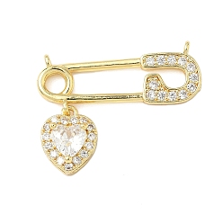Прозрачный Латунные микропаве прозрачные подвески с фианитом, без кадмия и без свинца, форма скрепки с сердцем, реальный 18 k позолоченный, прозрачные, 18.5x25x5 мм, отверстие : 1 мм