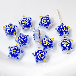 Blue Handmade Lampwork Beads, Famille Rose Porcelain, Star, Blue, 13x6mm, Hole: 1.2mm