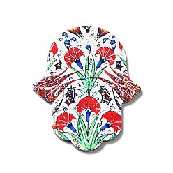 Цветок Непрозрачные акриловые подвески, хамса рука/рука мириам очарование, цветочным узором, 52.5x43.5x2 мм, отверстие : 1.6 мм
