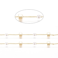 Real 18K Gold Plated Brass Handmade Beaded Chain, Curb Chains, with CCB Plastic Imitation Pearl Bead, Long-Lasting Plated, Soldered, with Spool, Cube, Real 18K Gold Plated, 2x1x0.8mm, Bead: 4mm in diameter, Cube: 4x4x4mm, about 32.8 Feet(10m)/roll