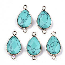 Synthetic Turquoise Synthetic Turquoise Links Connectors, with Light Gold Tone Brass Findings, Faceted Teardrop, 27x14x6mm, Hole: 2mm