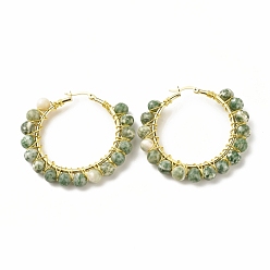 Камень с Зелеными Точками Серьги-кольца из бисера из натуральной зеленой яшмы для женщин, большие круглые серьги-кольца из настоящей позолоченной проволоки 18k, 47~49x51~52x6~6.6 мм, штифты : 1.4x0.4 мм
