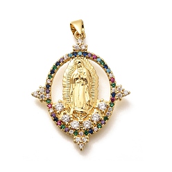 Oval Религиозная тематика стойка покрытие латунь микропаве кубические циркониевые подвески, долговечный, без свинца и без кадмия, смешанные формы, овальные, 34x27x3 мм, отверстие : 5x3 мм