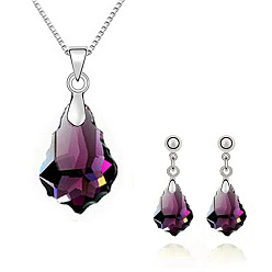 Фиолетовый Ожерелье из сплава со стеклянной подвеской и серьгой-гвоздиком, платина, граненые, фиолетовые, 400 мм