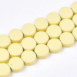 Champagne Yellow Spray Painted Non-magnetic Synthetic Hematite Beads Strands, Flat Round, Champagne Yellow, 10x4mm, Hole: 1mm, about 44pcs/strand, 15.7 inch