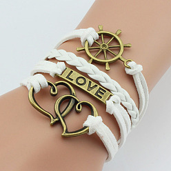 Белый Многорядные браслеты из искусственной кожи и пенькового шнура, сплав любовь и сердце подвески браслеты для женщин, белые, 6-1/4~7-1/8 дюйм (16~18 см)