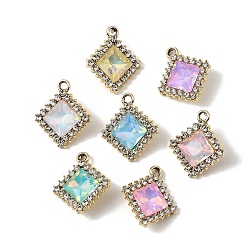 Golden UV Plating Alloy Glass Pendants, Rhombus Charm, with Rhinestone, Faceted, Mixed Color, Golden, 20x17.5x6mm, Hole: 1.8mm