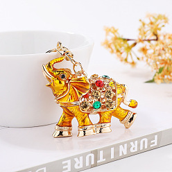 Gold Alloy Rhinestone Keychains, Enamel Style, Elephant Pendant Keychain, Gold, 11cm