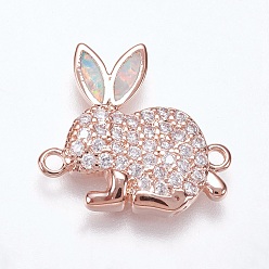 Шампанско-Желтый Латунные соединители с микропроцессором из кубического циркония, с синтетическим опалом, находки кролика, розовое золото , шампанское желтый, 15x16.5x2.5 мм, отверстие : 1.2 мм