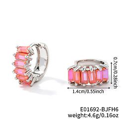 Pink Латунные прямоугольные серьги-кольца, с кубического циркония, платина, розовые, 14x7 мм