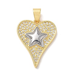 Настоящее золото 18K Двухцветные латунные подвески с микропаве из прозрачных кубических цирконий, сердце со звездными подвесками, стойки покрытие, долговечный, без кадмия и без свинца, реальный 18 k позолоченный, 26x20x3 мм, отверстие : 4.5x7 мм