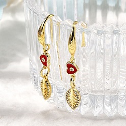 Золотой Серьги-подвески из латуни с микропаве из прозрачных кубических цирконий в форме листа с сердцем, с эмалью, долговечный, стойки покрытие, без кадмия и без свинца, золотые, 39x6 мм