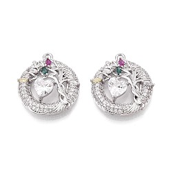 Платинированный Латунные микро проложить кубического циркония подвески, плоские круглые подвески в виде дерева и сердца, Реальная платина, 22~22.5x19.5x5 мм, отверстие : 1.5 мм