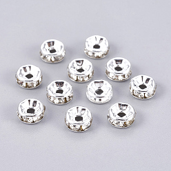 Silver Brass Rhinestone, for Jewelry Craft Making Findings, Grade A, Rondelle, Silver Color Plated, Size: about 6mm in diameter, 3mm thick, hole: 1.5mm