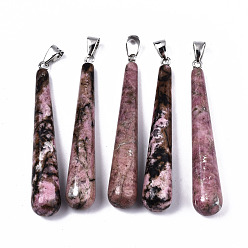 Родонит Натуральный родонитбольшие подвески, с платиновой железной щепоткой, слеза, 58.5~59.5x10 мм, отверстие : 4x6.5 мм