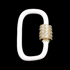 Белый Овальные винтовые карабины с микропаве из прозрачного кубического циркония из латуни, с эмалью, долгоиграющий, стойки покрытие, без свинца и без кадмия, белые, 24x14x2 мм