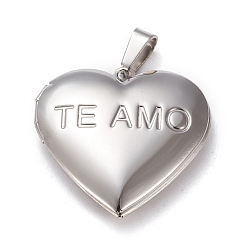 Stainless Steel Color 304 Stainless Steel Locket Pendants, Photo Frame Charms for Necklaces, Heart with Diamond & TE AMO, Stainless Steel Color, 29x29x6.5mm, Hole: 3.5x7mm, Inner Size: 16x21mm