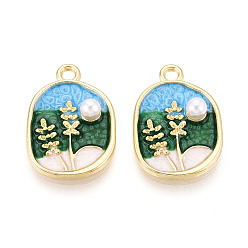 Светло-Голубой Стойки обшивки сплава эмали подвески, овальные, с абс пластмассовой имитационной жемчужиной, без кадмия и без свинца, золотой свет, Небесно-голубой, 24x16.5x5 мм, отверстие : 2 мм