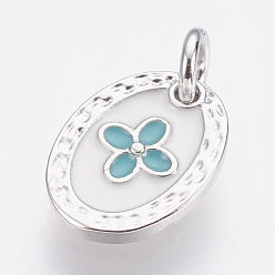 Платина Латунь эмаль прелести, без свинца и без кадмия, овальные с цветком, платина, 12x9x2 мм, отверстие : 2.8 мм