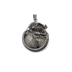 Labradorite Natural Labradorite  Pendants, with Antique Silver Alloy Finding, Flat Round with Skull Charms, 40x35mm