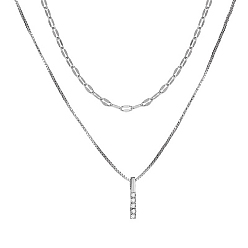 Platinum Alloy Chains Double Layered Necklaces, with Rhinestone Pendant, Platinum, 16.54 inch(42cm)