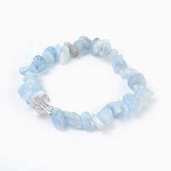 Аквамарин Природных аквамарин бисером браслеты простирания, с латунными микро проложить Цирконом бусы, чип и крест, платина, 2-1/8 дюйм (5.3 см) ~ 2-1/8 дюйм (5.5 см)