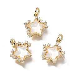 Настоящее золото 18K Латунные микро проложить кубического циркония прелести, звезда, со стеклом и блестками, пудрой и петлей, долгоиграющий, без свинца и без кадмия, белые, реальный 18 k позолоченный, 12.5x12x4 мм, отверстие : 2 мм