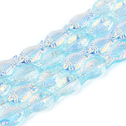 Небесно-голубой Прозрачность гальванизированные стеклянные бусины нити, рыба, с покрытием AB цвета, с половиным покрытием, голубой, 15x8.1x5 мм, отверстие : 0.9~1 мм, около 55 шт / нитка, 25.59'' (65 см)