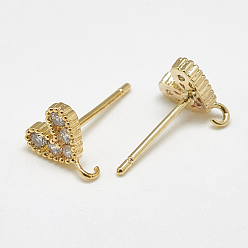 Real 18K Gold Plated Brass Stud Earring Findings, with Loop, Cubic Zirconia, Heart, Clear, Real 18K Gold Plated, 8x7.5mm, Hole: 1mm, Pin: 1mm