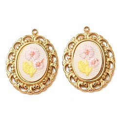 Misty Rose 304 Stainless Steel & Cloth Embroidered Pendants, Oval with Flower Charms, Ion Plating(IP), Long-Lasting Plated, Real 18K Gold Plated, Misty Rose, 30.5x23x4mm, Hole: 1.9mm