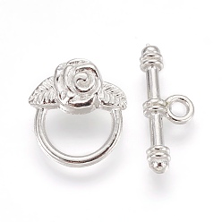 Platinum Alloy Rose Flower Ring Toggle Clasps, Platinum, Ring: 19x17x3mm, Hole: 2mm, Bar: 24x9x4mm, Hole: 3mm