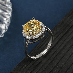 Желтый 925 Кольца из стерлингового серебра с микропаве из кубических цирконий, плоско-круглые, платина, желтые, 13 мм, размер США 7 1/4 (17.5 мм)