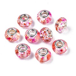 Темно-Розовый Прозрачный полимер европейские шарики, бусины с большим отверстием, с латунными двойными ядрами, платиновый оттенок, двухцветная, рондель, темно-розовыми, 13.5x9 мм, отверстие : 5 мм