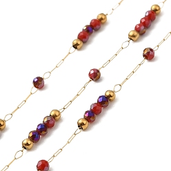 FireBrick Brass Handmade Beaded Chains, with Glass Beads, with Spool, Unwelded, Real 18K Gold Plated, FireBrick, 9~9.5x2x2mm, about 32.81 Feet(10m)/Roll