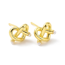 Golden Rack Plating Brass Wire Wrapped Heart Stud Earrings with Plastic Beaded for Women, Lead Free & Cadmium Free & Nickel Free, Long-Lasting Plated, Golden, 8x10mm, Pin: 0.8mm