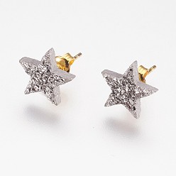 Platinum Plated Electroplate Natural Druzy Agate Stud Earrings, with Brass Findings, Star, Platinum Plated, 10x11x3mm, Pin: 0.8mm