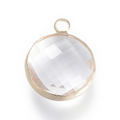 Clear Glass Pendants, with Brass Findings, Faceted, Flat Round, Clear, 9.5x6.5x2.5mm, Hole: 2mm