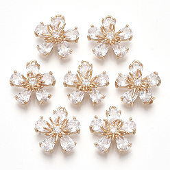 Прозрачный Прозрачные стеклянные подвески, с фурнитурой латунной золотого тона, граненые, цветок, прозрачные, 16x14.5x6 мм, отверстие : 1 мм