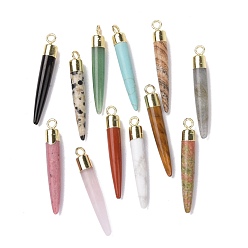 Смешанные камни Латунные подвески с заостренными концами из натурального драгоценного камня, без кадмия и без свинца, пулевидный, золотой свет, 33~37x4~5 мм, отверстие : 2 мм