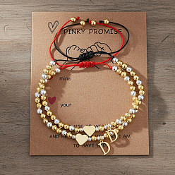 (52) Непрозрачная лаванда 2 Набор браслетов с подвесками в виде инициала D из латуни, Регулируемые браслеты из бусин в форме сердца и круглых бусин для пары., с бумажной карточкой, разноцветные, 11.02 дюйм (28 см)