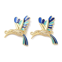 Синий Стойка покрытие латунь микропаве прозрачный кубический цирконий птица соединительные подвески, с эмалью, без свинца и без кадмия, реальный 18 k позолоченный, синие, 32x31x4 мм, отверстие : 1.6 мм