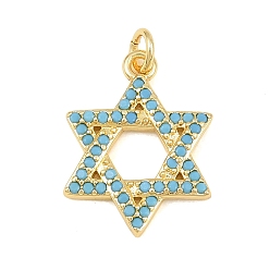 Star of David Brass Micro Pave Sky Blue Cubic Zirconia Pendants, Golden, Star of David, 19.5x15x2.5mm, Hole: 3.2mm